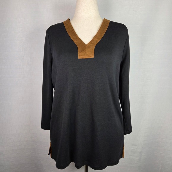 Lauren Ralph Lauren Black Tunic Brown Suede Trim Old Money Preppy Women's 1X - Picture 1 of 8